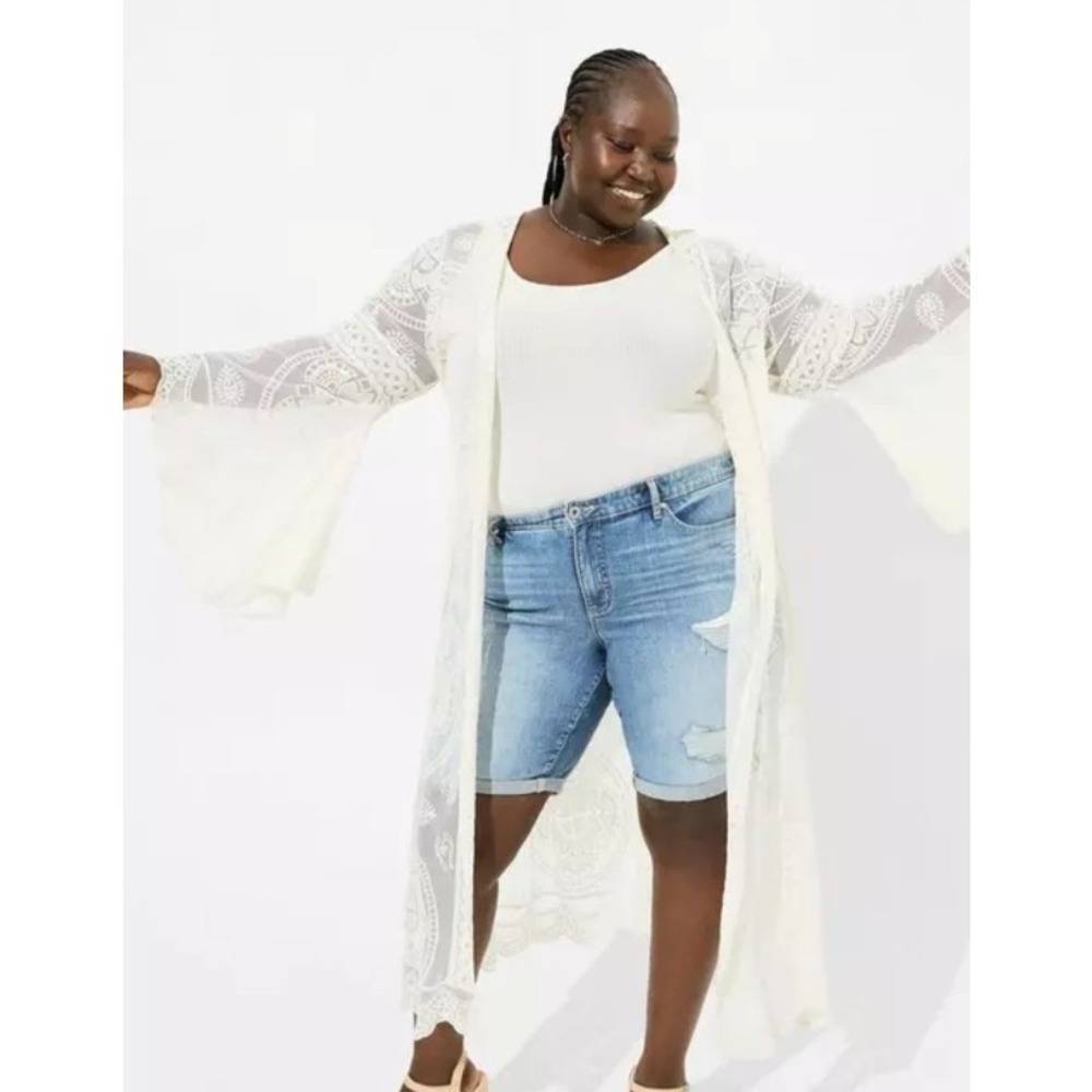 Torrid FESTI 3X Cream Embroidered Lace Maxi Kimono Duster Cardigan Boho Festival